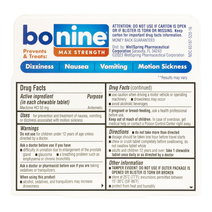 Bonine MAX Chewable for Motion Sickness Relief - 16 Tablets (Peppermint Flavour)
